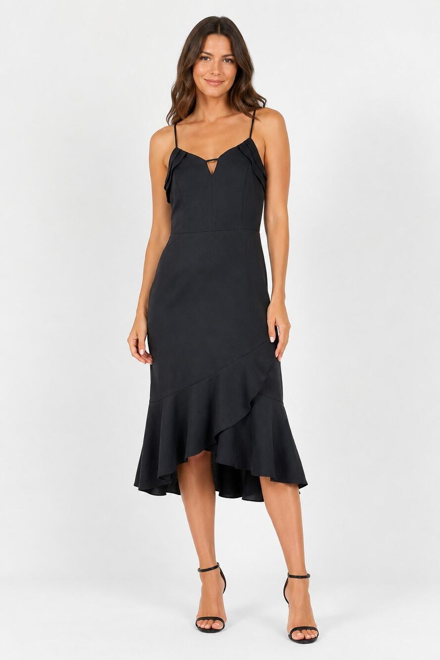 Harlyn Sweetheart Ruffle Midi Dress Tulip Hem Black Womens Size Medium Cocktail
